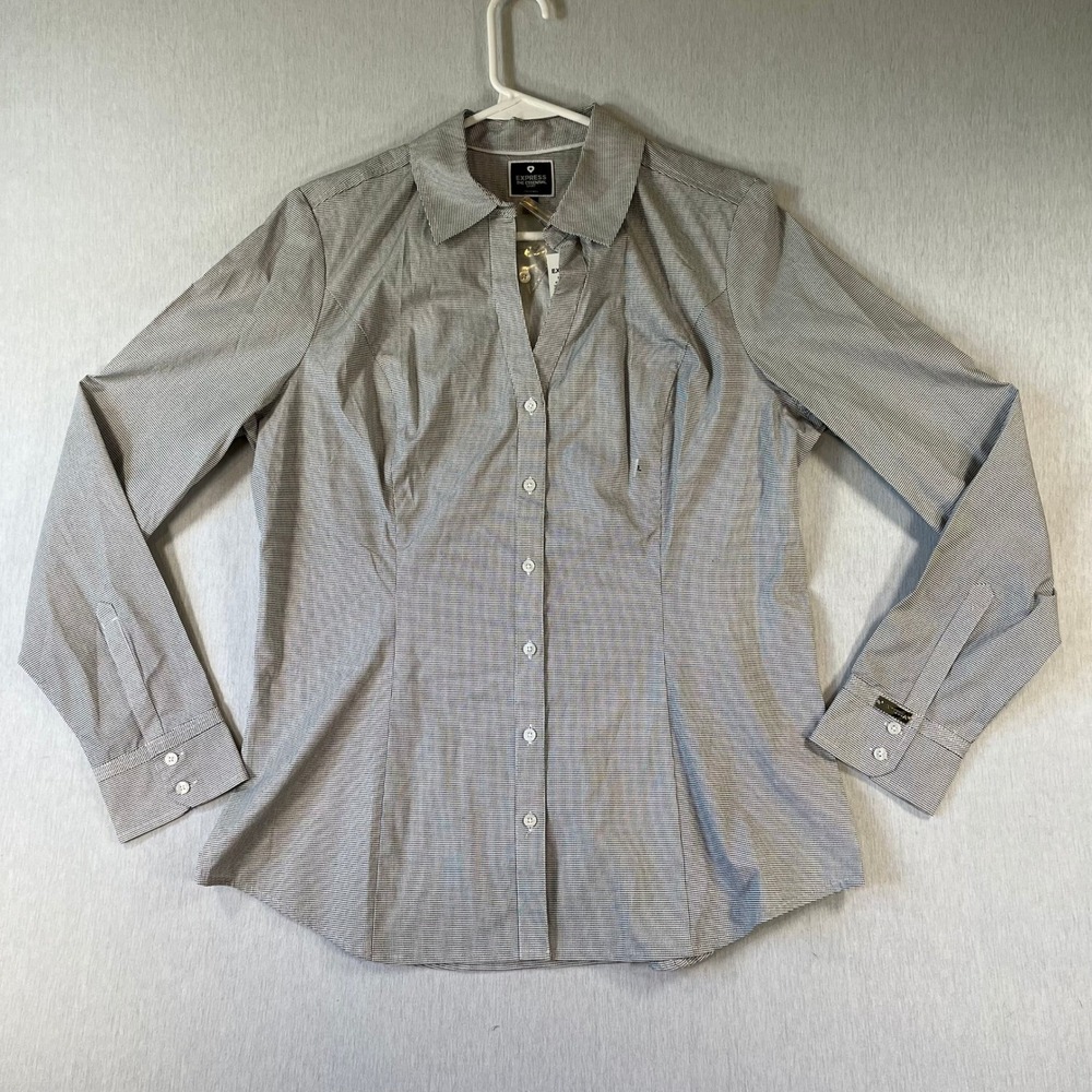 NEW Express Essential Shirt Womens Large Black White Micro Check Button Down NWT